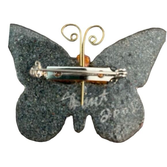 Y2K Butterfly Brooch Handmade Blue Pink Resin Metal Hand Painted Signed - Picture 4 of 5